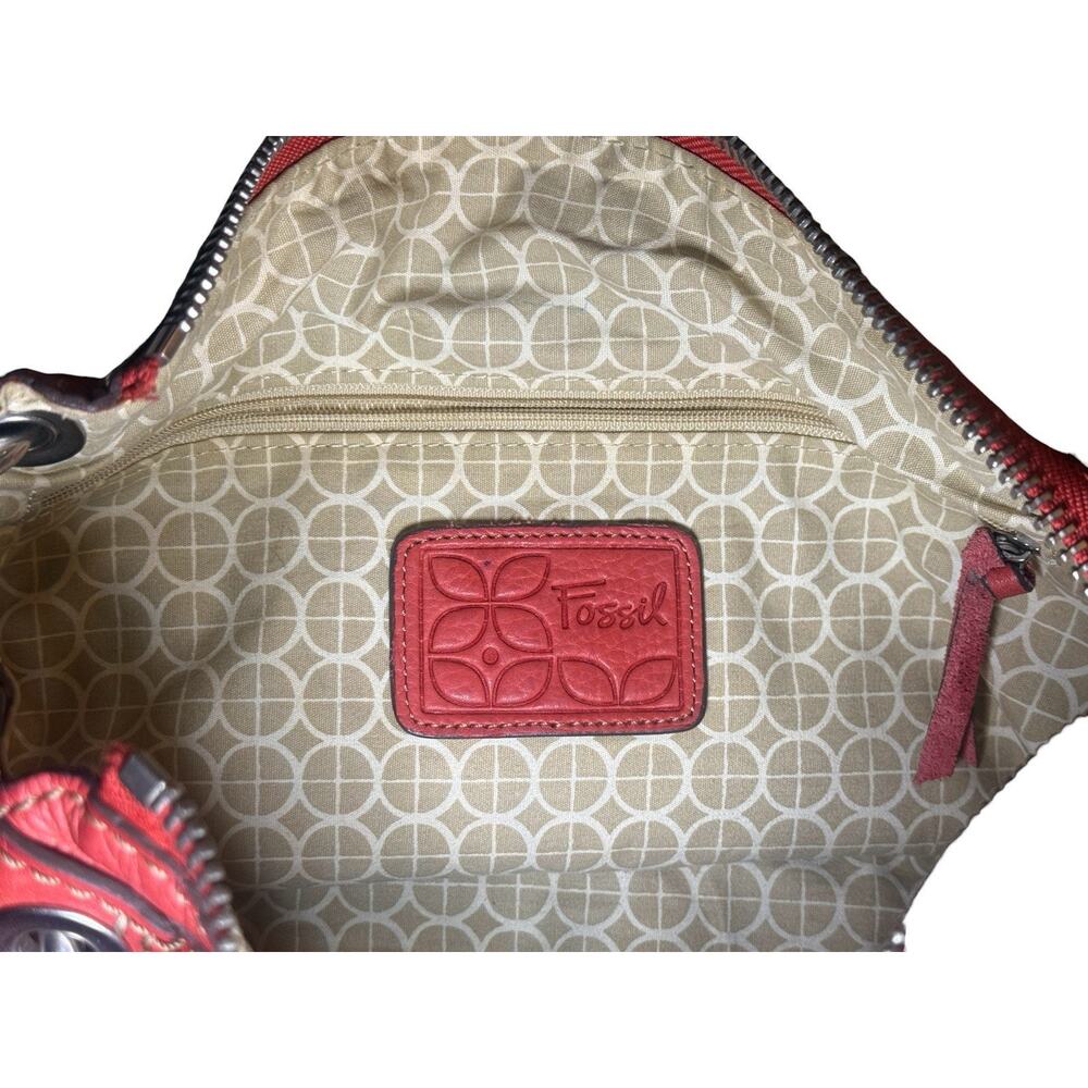 Fossil Shoulder Bag Coral Embossed Floral Double Handle Tortoise Key Charm EUC - Picture 15 of 16